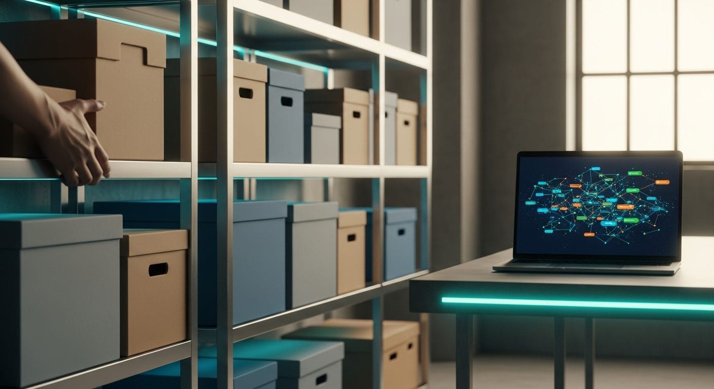 Warehouse shelves displaying balanced inventory approach with just-in-time and safety stock boxes organized efficiently