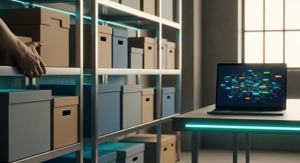 Warehouse shelves displaying balanced inventory approach with just-in-time and safety stock boxes organized efficiently
